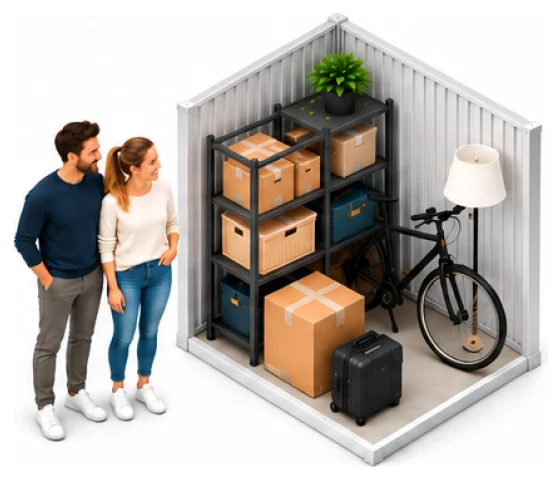 Ein Paar vor einer S-Lagerbox mit Regal, Kartons, Fahrrad und Koffer