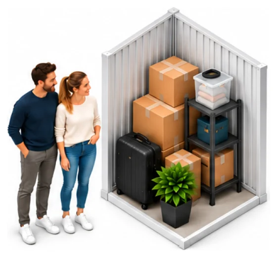 Ein Paar steht vor einer XS-Lagerbox mit Umzugskartons, Koffer und Regal